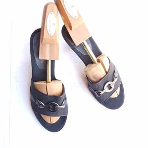 Aerosoles Black 3” Square Stiletto Heels Gold Equestrian chain Sandals Size 8